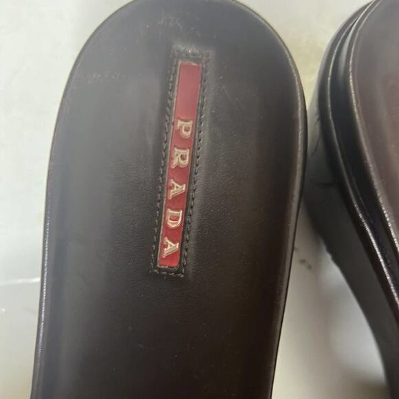 PRADA LOGO BROWN PLATFORM SLIDE SANDALS SIZE 37 - Picture 4 of 7
